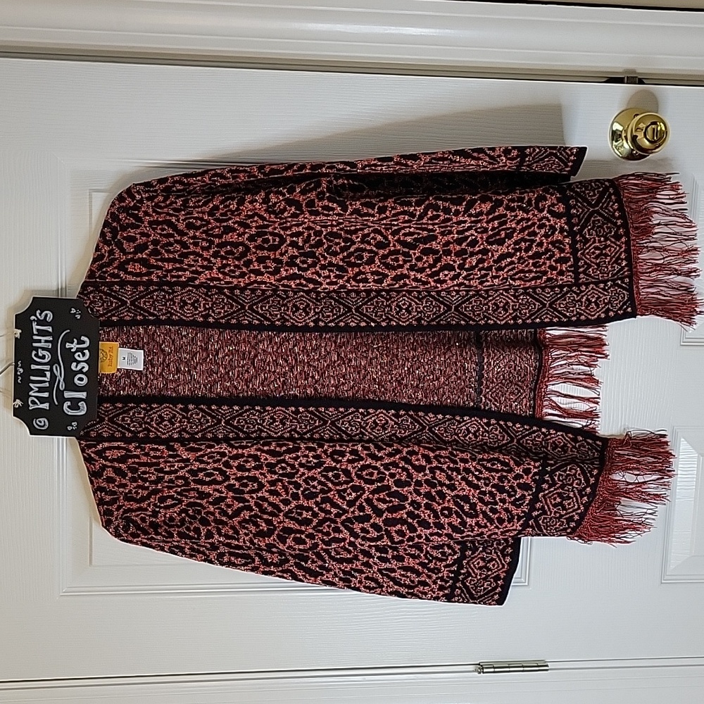 Ruby Rd. Open Front Cardigan Medium with Fringe Red Gold Leopard